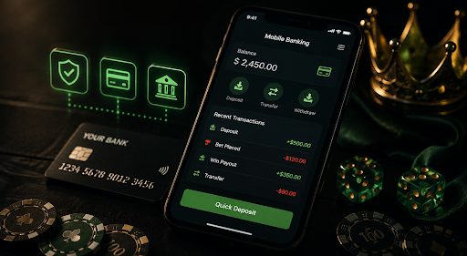Mobile banking app with deposit and transfer options beside a bank card, casino chips, dice, and a gold crown.